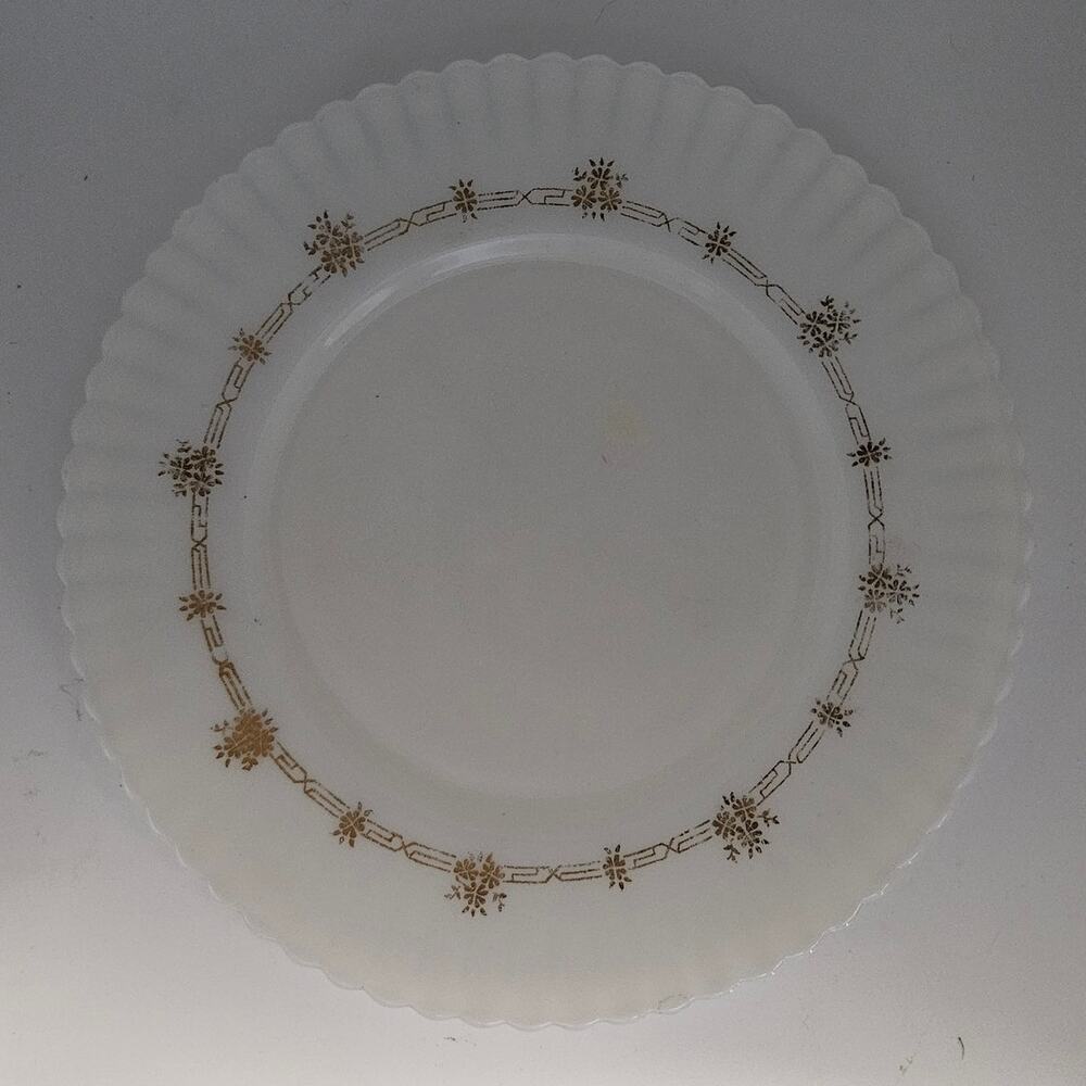 Set 2 Vintage Milk Glass Salad Plates Gold Floral Scalloped Edge